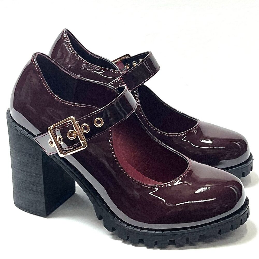 New Womens Burgundy Mary Jane Platform Mary Jane Ballet Flats Heel Pumps